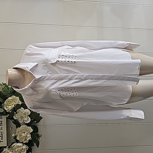 NY Collection Women's White Plus Size Collared Longsleeve Shirt 2X - Picture 3 of 7